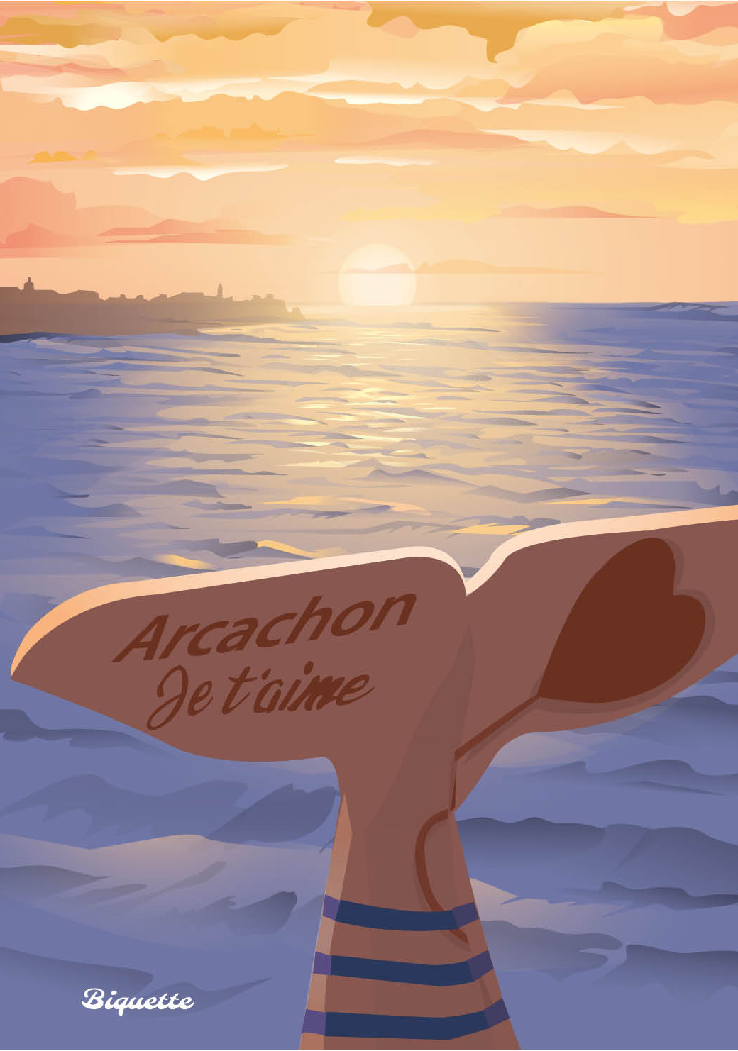 Illustration graphique et moderne représentant une baleine majestueuse plongeant dans les eaux du Bassin d'Arcachon. Une affiche d'art aux tons bleus et naturels, idéale pour une décoration marine et locale.