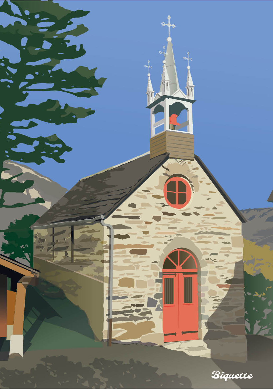 Illustration numérique de l'église de Tramezaygues dans les Pyrénées, mettant en scène son clocher-mur typique en pierre et son architecture romane. L'affiche offre une perspective sur les montagnes environnantes sous un ciel doux, mêlant héritage historique et style graphique moderne. Une décoration murale authentique pour les amoureux de la Vallée d'Aure.