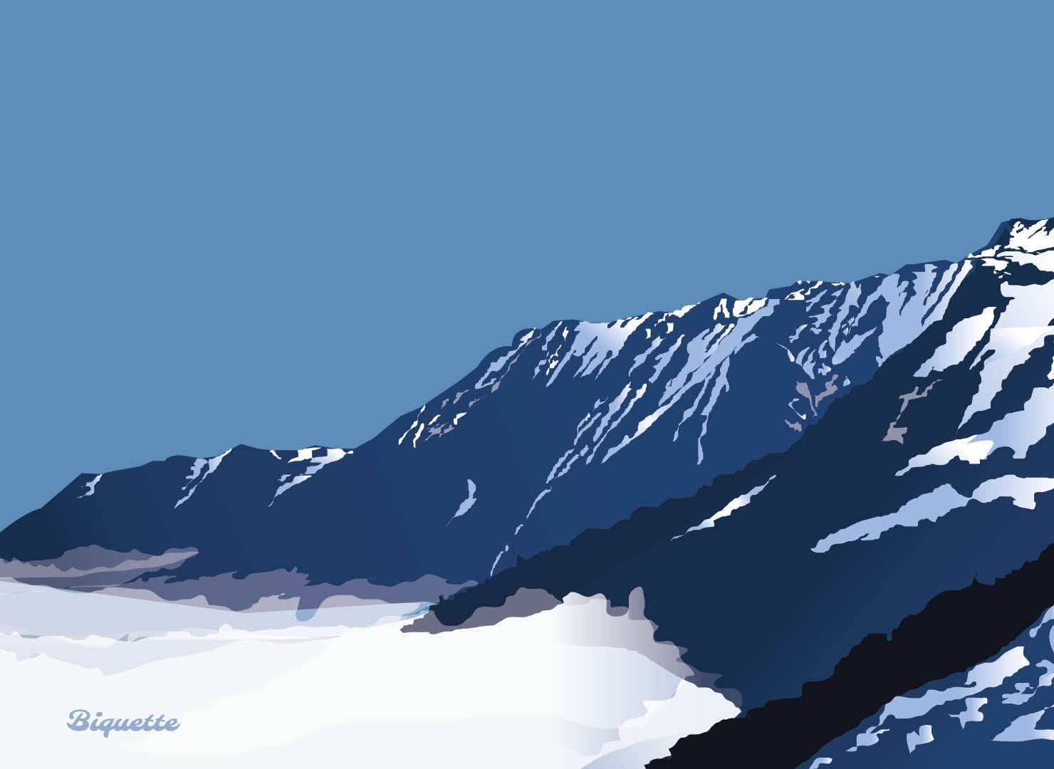 Illustration numérique verticale de la station de Piau-Engaly dans les Pyrénées. Le dessin capture les sommets enneigés majestueux. Une affiche d'art hivernale aux nuances de blanc, gris et bleu, évoquant la pureté de la montagne et le plaisir de la glisse.