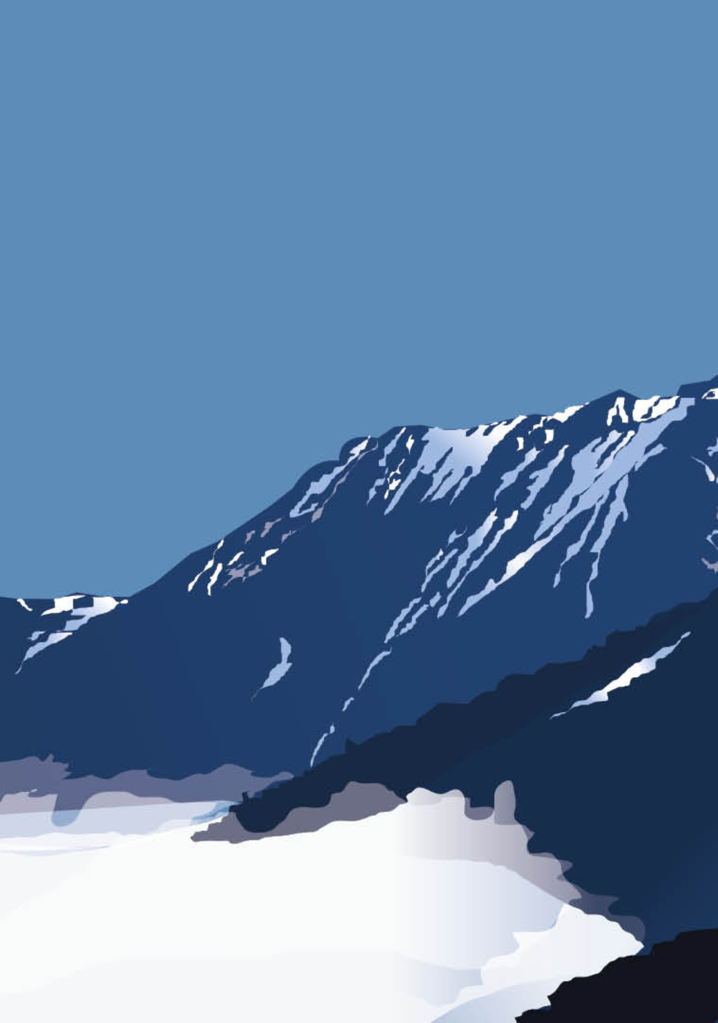 Illustration numérique verticale de la station de Piau-Engaly dans les Pyrénées. Le dessin capture les sommets enneigés majestueux. Une affiche d'art hivernale aux nuances de blanc, gris et bleu, évoquant la pureté de la montagne et le plaisir de la glisse.