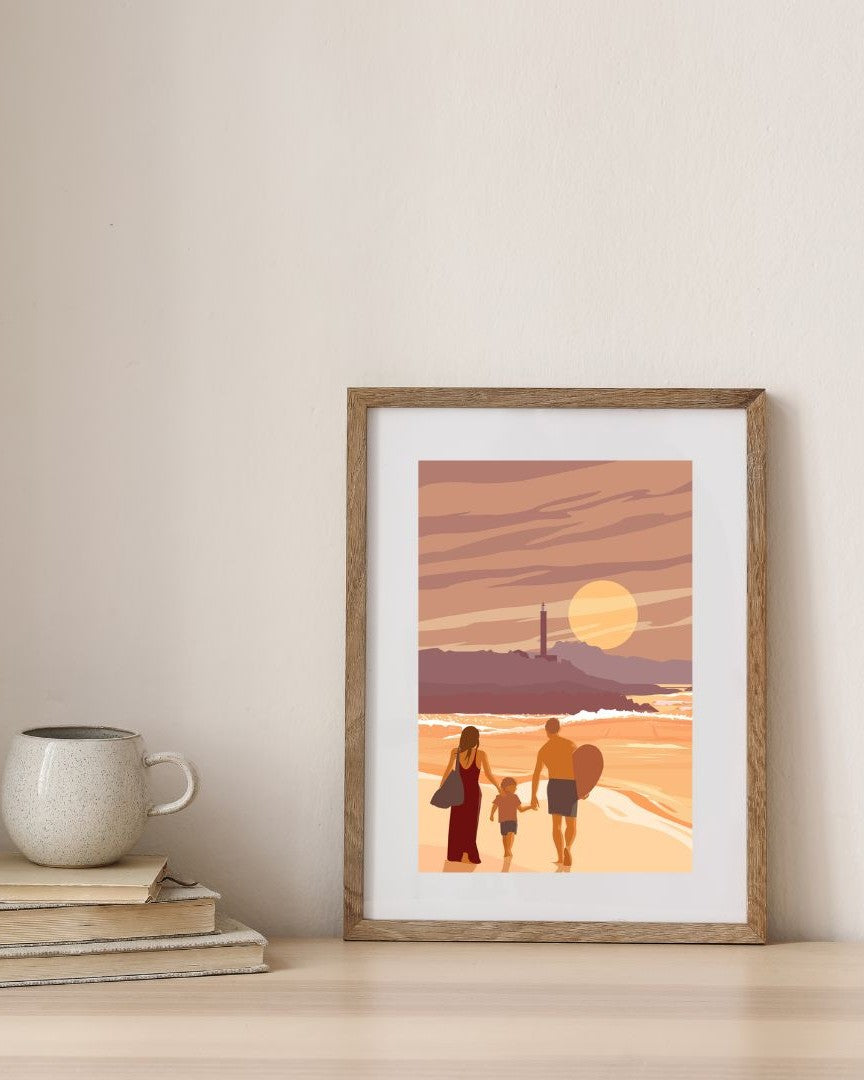 Affiche du phare de Biarritz encadrée en bois, présentée dans un environnement minimaliste.