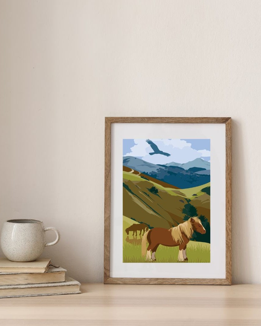 Affiche d'un potiok du Pays Basque présentée dans un cadre en bois, dans un environnement minimaliste.