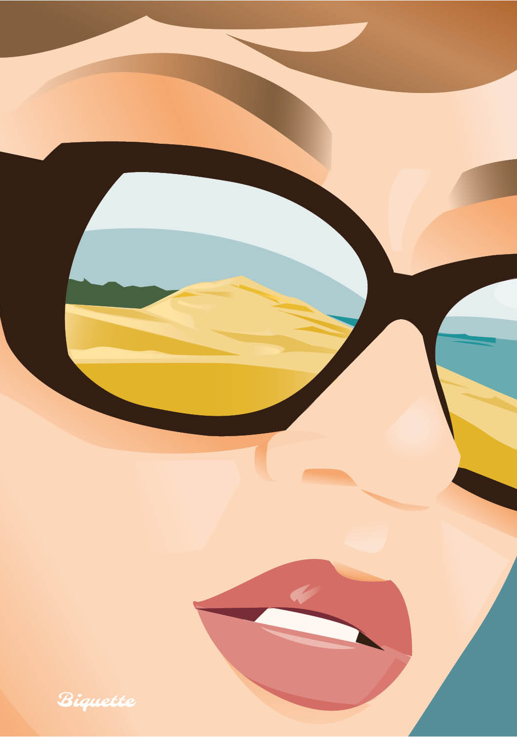 Illustration numérique épurée de la Dune du Pilat présentant une courbe de sable sinueuse, quelques herbes folles au premier plan, l'océan Atlantique à l'horizon et un soleil minimaliste sous un ciel aux teintes pastel douces, avec le logo du studio en haut à droite.