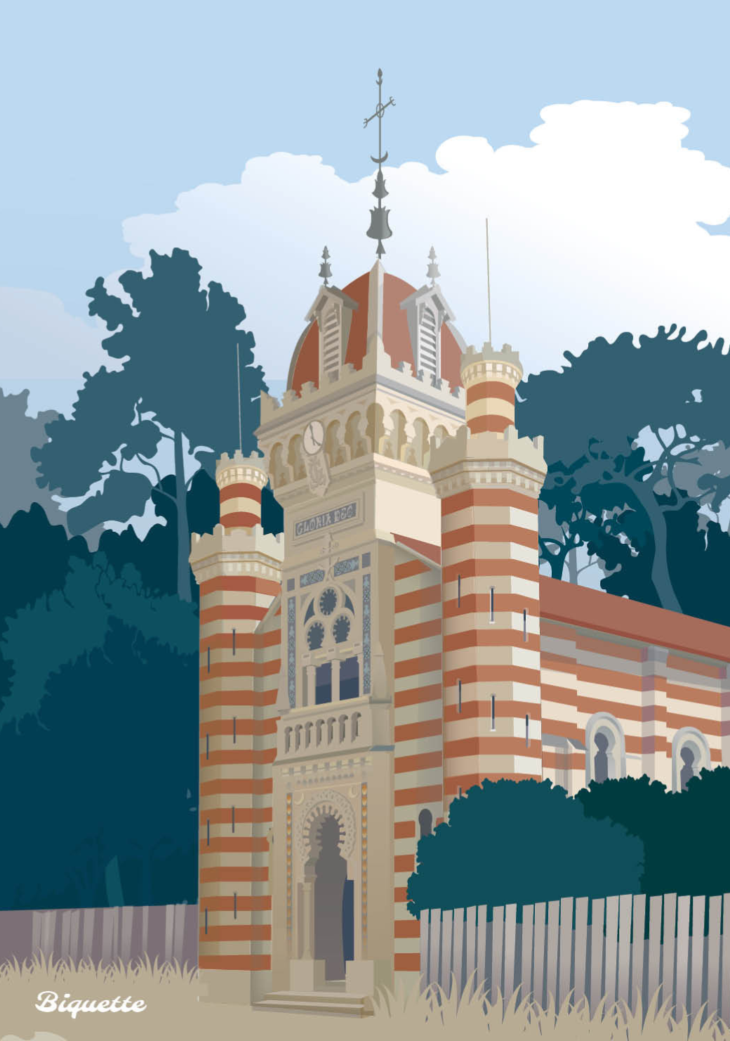 Affiche de la chapelle de la Villa Algérienne à Arcachon, au bord du Bassin.