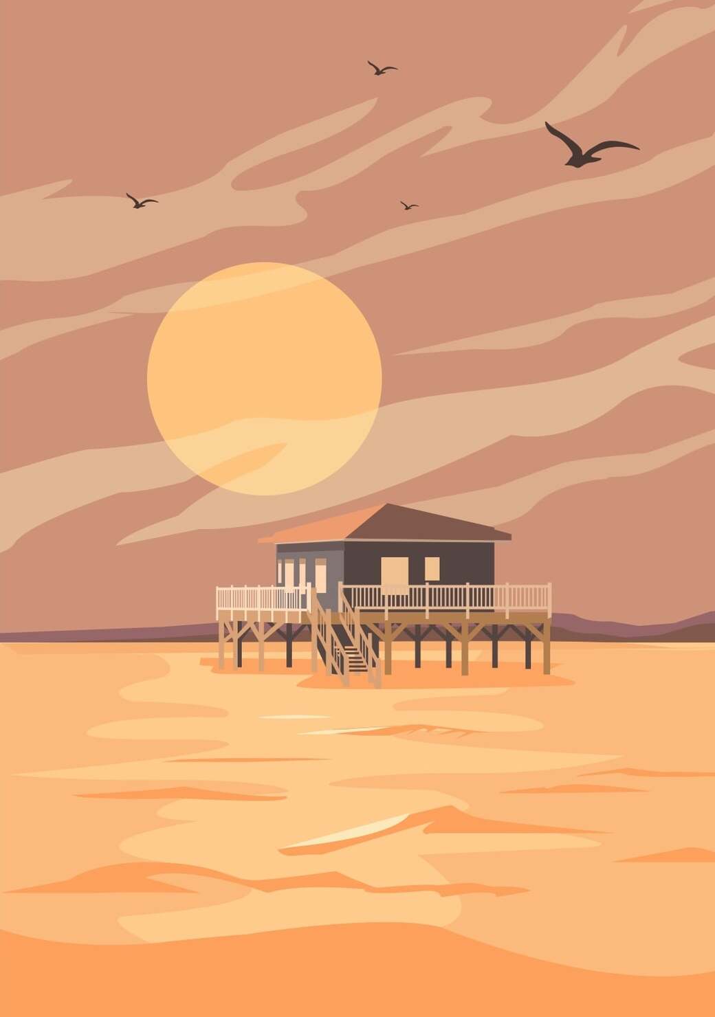 Affiche d'une cabane tchanquée au coucher du soleil sur le Bassin d'Arcachon.