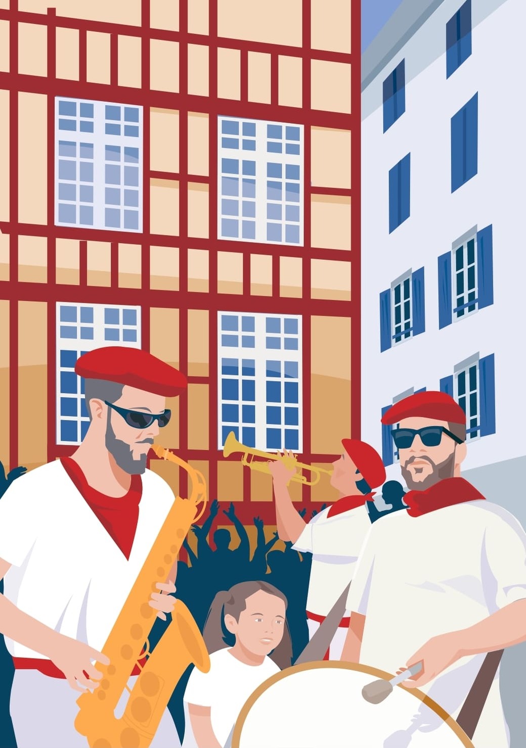 Affiche des Fêtes de Bayonne, avec ses foulards rouges et l'ambiance festive du Pays Basque.