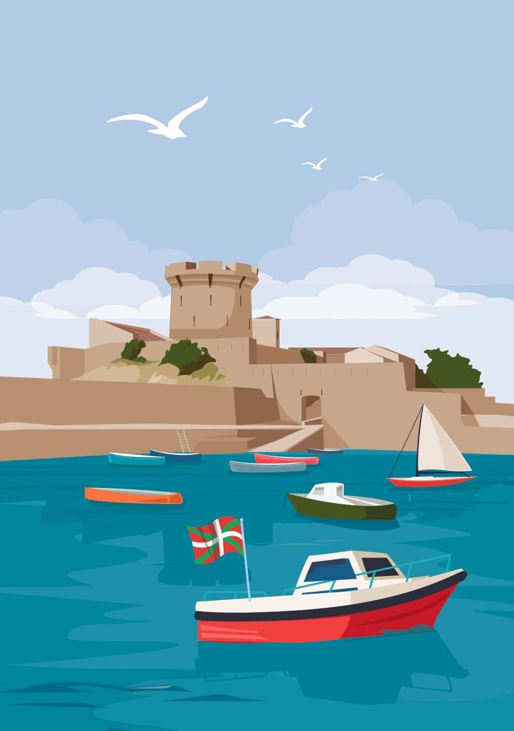 Affiche du Fort de Socoa avec un bateau sur l'eau, à Saint-Jean-de-Luz.