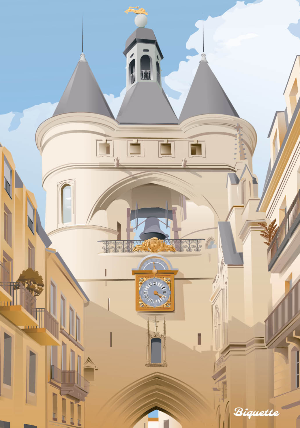 Illustration vectorielle en format portrait de la Grosse Cloche de Bordeaux (Porte Saint-Éloi) sur la Rue Saint-James, encadrée par les bâtiments de la rue.