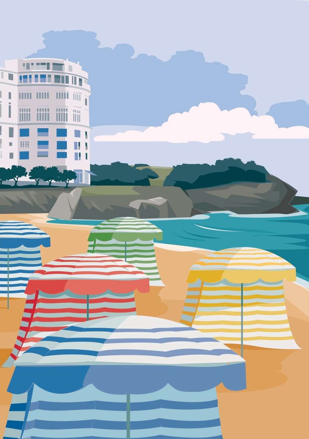 Affiche d'un hôtel de Biarritz avec ses parasols rayés face à la plage.