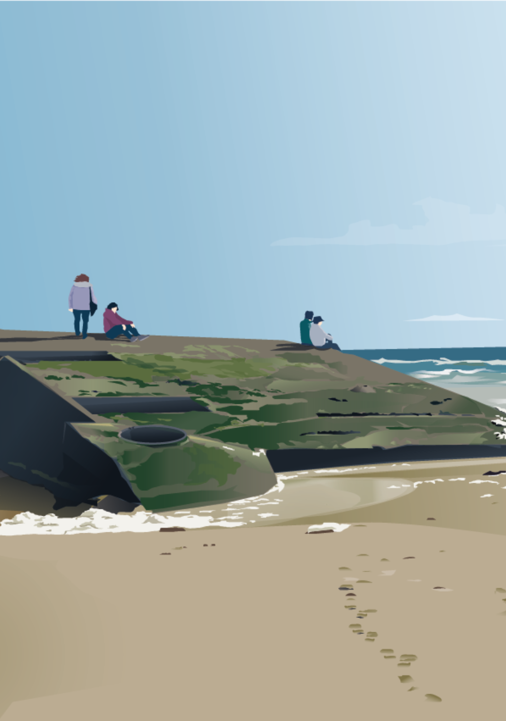 Illustration épurée et néo-rétro du blockhaus sur la plage du Cap Ferret avec des personnages face à l'océan, signée Monsieur Biquette.