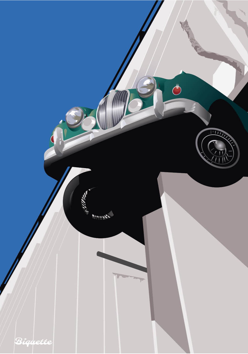 Illustration minimaliste de la célèbre voiture Jaguar verte suspendue dans le vide sur la façade du parking Victor Hugo à Bordeaux, style rétro Monsieur Biquette.