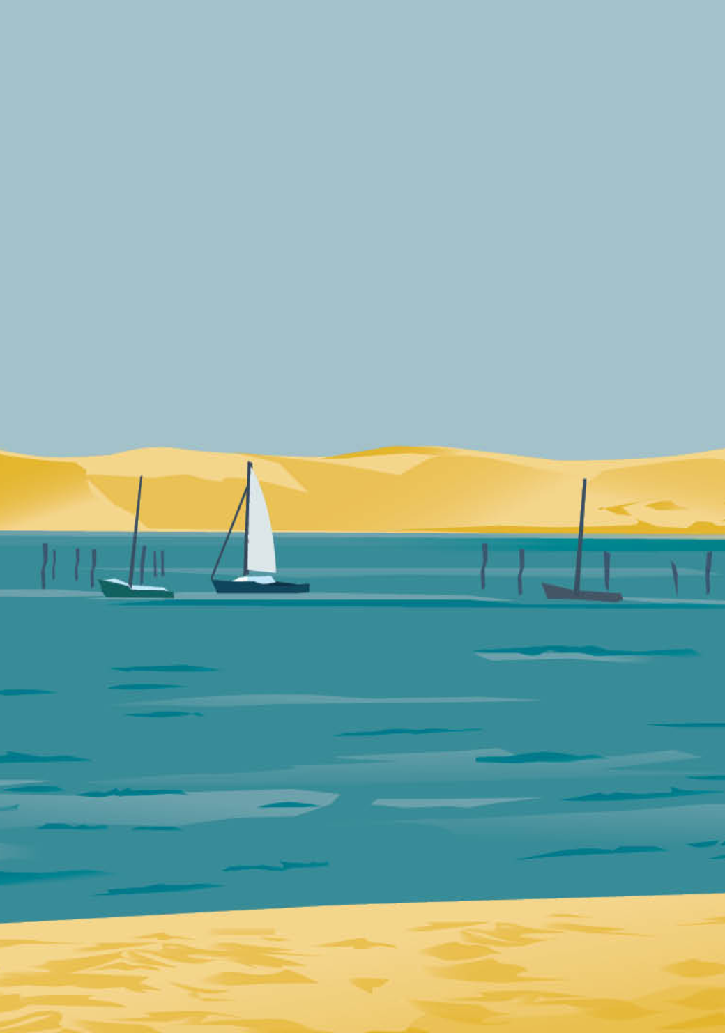 Illustration néo-rétro et minimaliste d'un paysage marin au Cap Ferret avec des voiliers sur le Bassin d'Arcachon et la Dune du Pilat en arrière-plan.