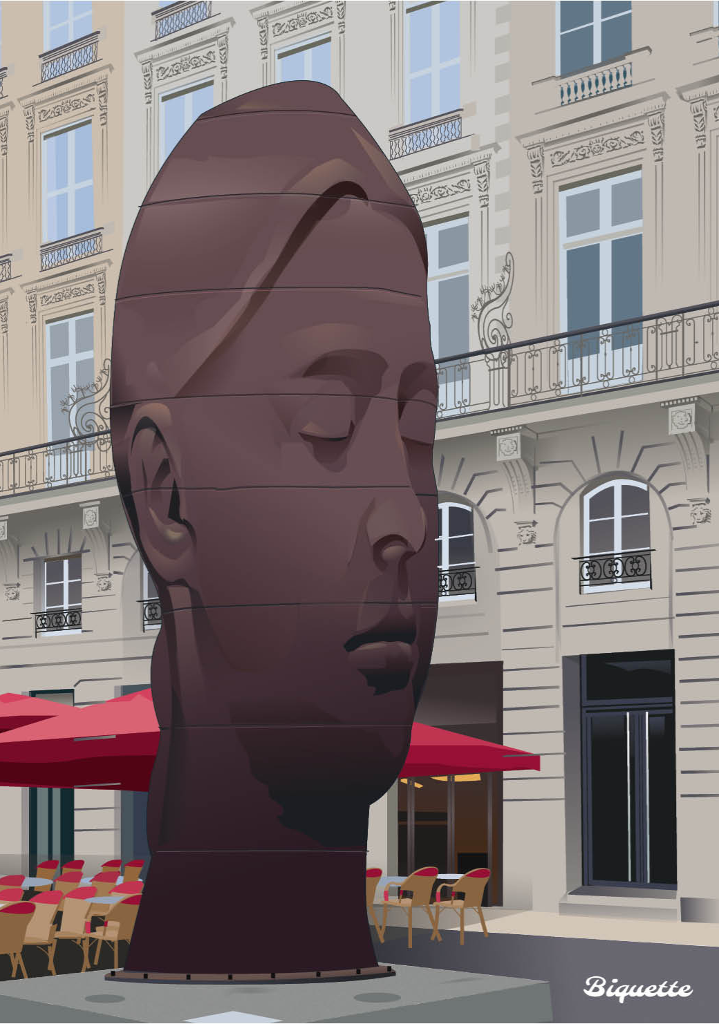 Illustration néo-rétro et épurée de la sculpture Sanna de Jaume Plensa sur la place de la Comédie à Bordeaux, créée par Monsieur Biquette.