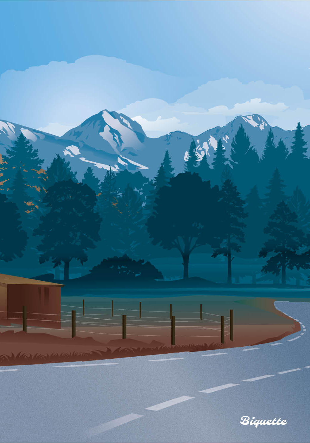 Illustration épurée du lac de Loudenvielle avec les sommets des Pyrénées en arrière-plan, style affiche de voyage moderne.