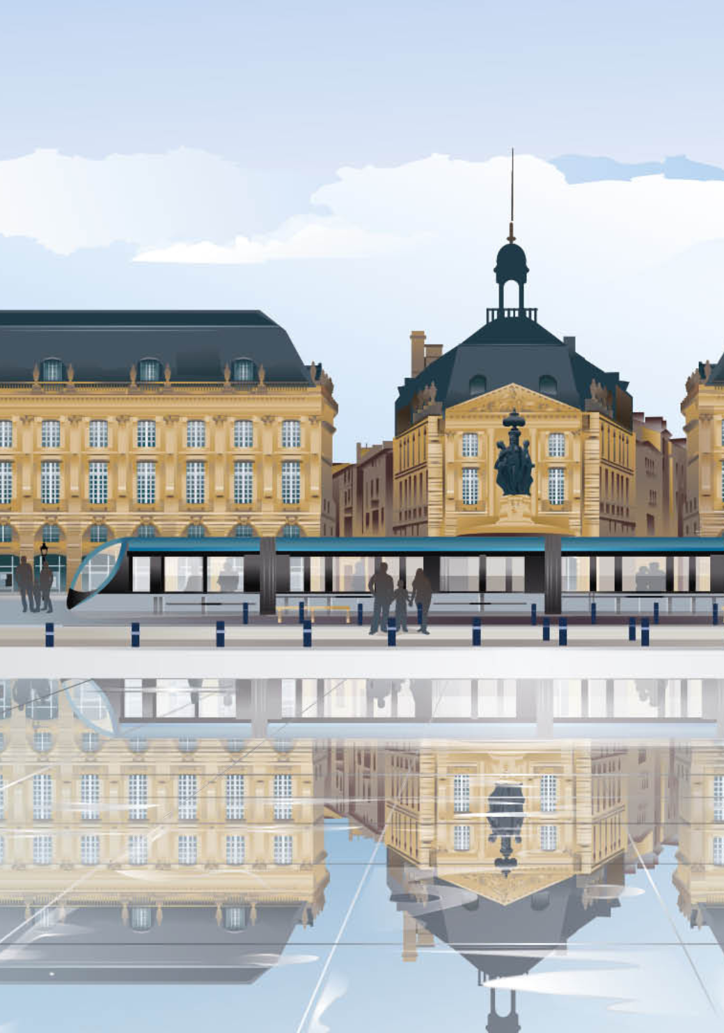 Illustration vectorielle et élégante de la Place de la Bourse à Bordeaux, avec les bâtiments classiques se reflétant parfaitement sur le Miroir d'Eau. Un tramway bleu traverse l'image.