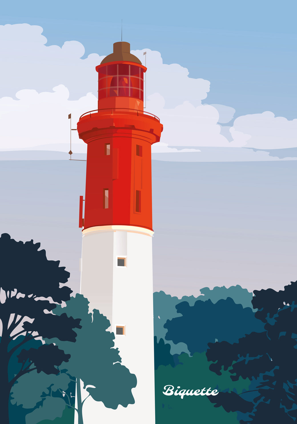 Affiche du Phare du Cap Ferret vue du ciel, illustration originale de Monsieur Biquette.