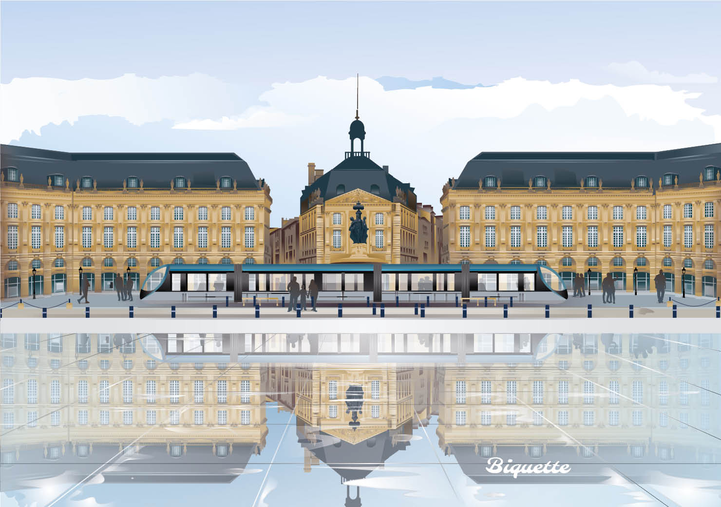 Illustration vectorielle et élégante de la Place de la Bourse à Bordeaux, avec les bâtiments classiques se reflétant parfaitement sur le Miroir d'Eau. Un tramway bleu traverse l'image.