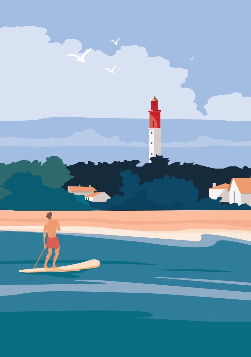 Affiche de la plage du Cap Ferret avec vue sur le phare.