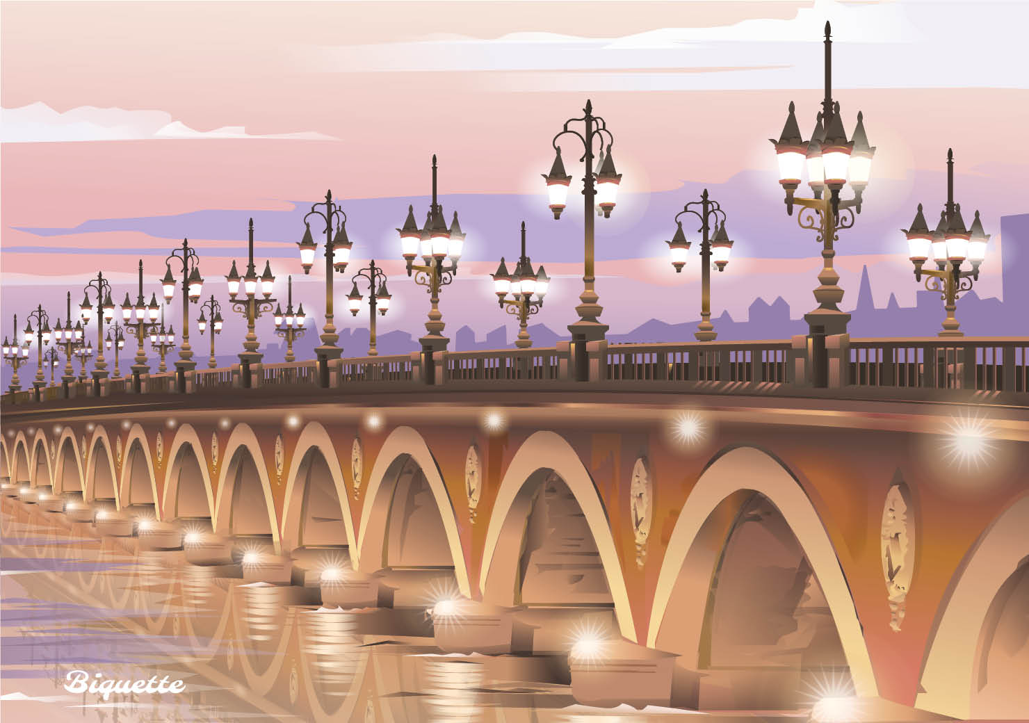 Illustration vectorielle du Pont de Pierre de Bordeaux au crépuscule. Les arches et réverbères s'illuminent et se reflètent sur la Garonne.