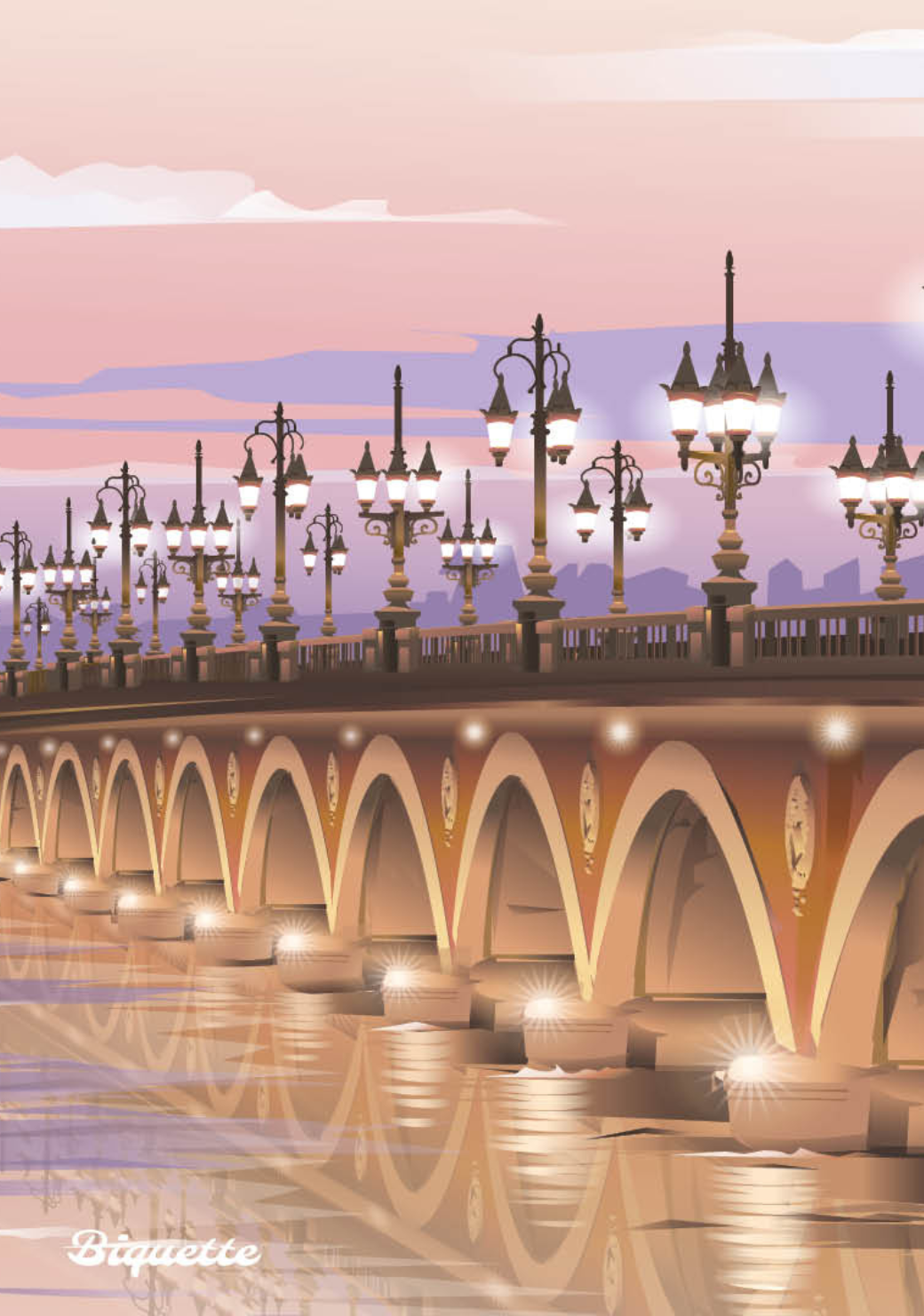 Illustration vectorielle du Pont de Pierre de Bordeaux au crépuscule. Les arches et réverbères s'illuminent et se reflètent sur la Garonne.