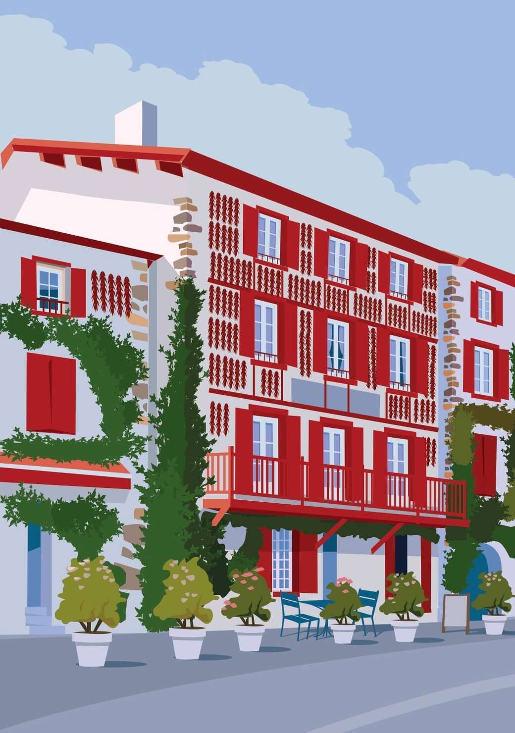 Affiche du village d'Espelette, avec ses façades décorées de piments rouges.