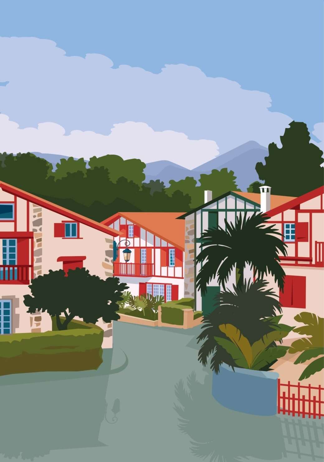 Affiche d'un village traditionnel basque, avec ses maisons à colombages et ses toits rouges.