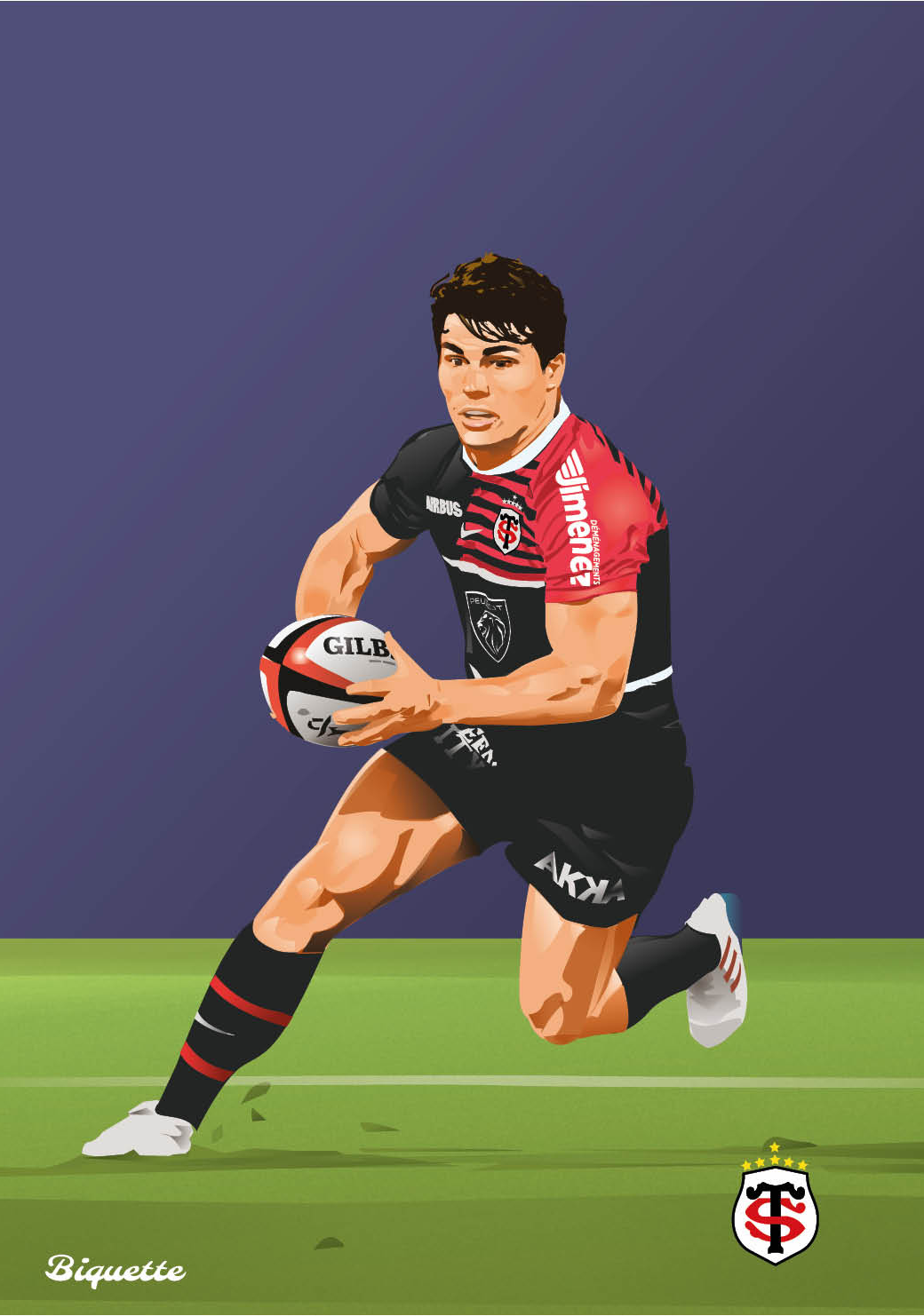 Illustration graphique et minimaliste du joueur de rugby Antoine Dupont courant avec le ballon sous le maillot noir et rouge du Stade Toulousain.