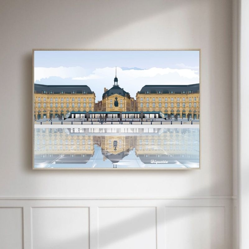 Maquette d'intérieur minimaliste montrant l'affiche de la Place de la Bourse encadrée dans un cadre en bois, accrochée sur un mur clair.